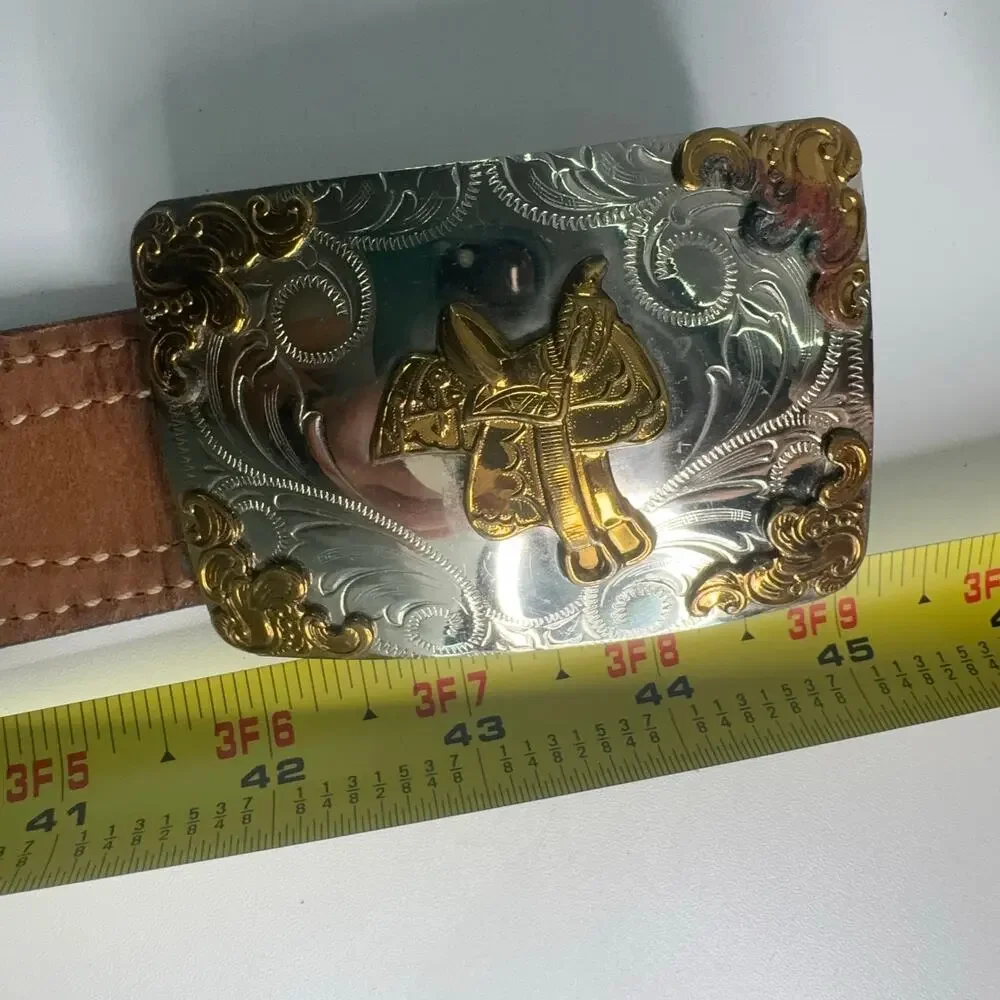 Vintage Cowboy Saddle Nickel Silver Cowboy Belt Buckle and Brown Woven Belt 45in